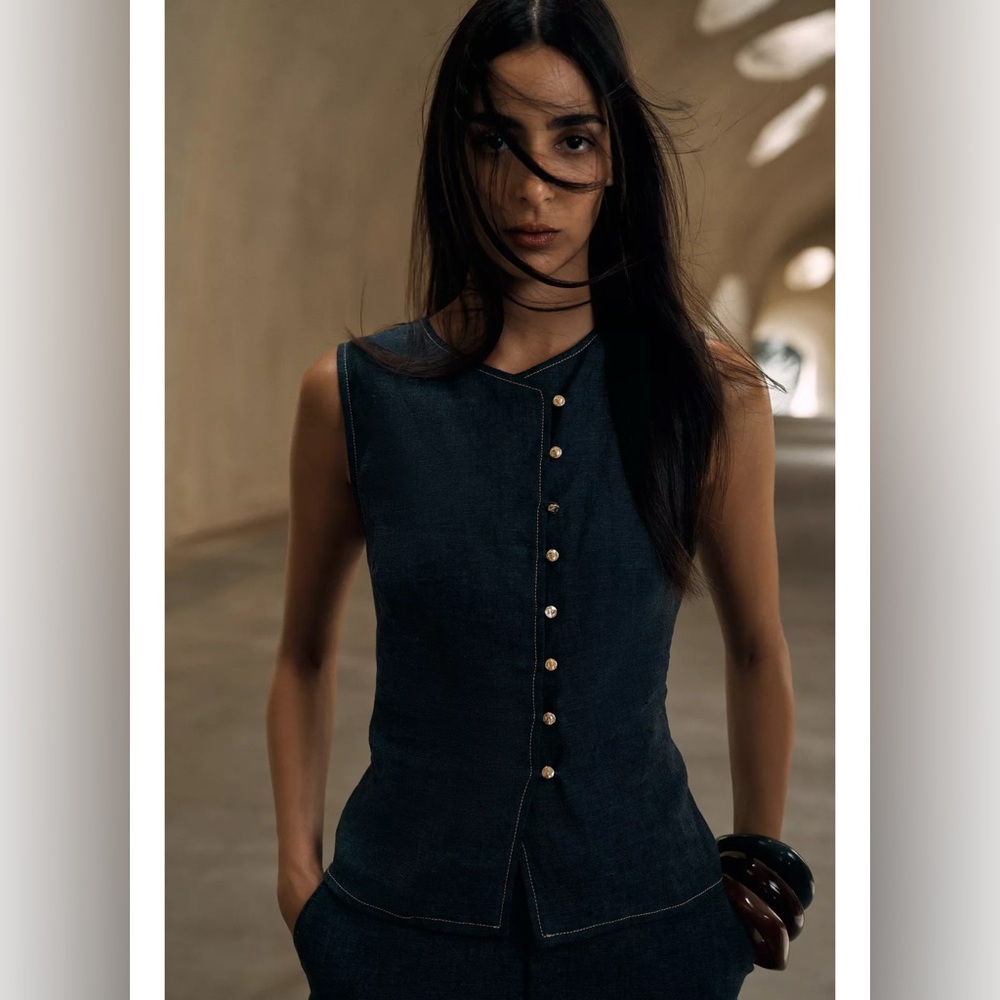 Sleeveless Dark Denim Button-Front Top